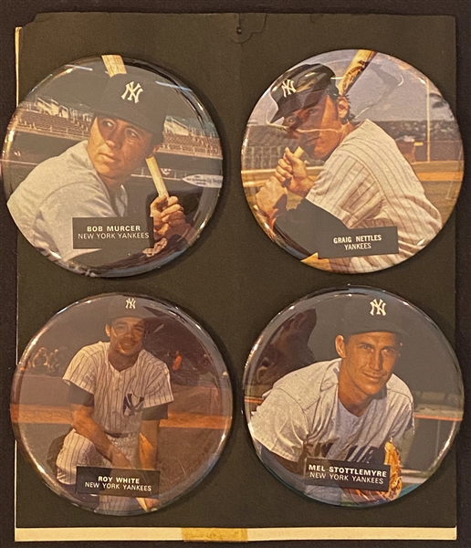 Lot of Baseball Collectibles From Uncle Jimmy Collection w. 1975 SPCC 42 Card Set, Unopened Packs, 9 Famous Slugger Mini Yearbooks, 1974 WS Bat Pens, Yankees Pins, +