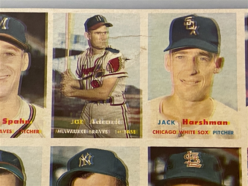 Very RARE 1957 Topps Uncut Sheet Section - 55 Cards Inc. Mickey Mantle & Warren Spahn