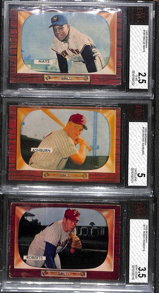 Lot of (3) 1955 Bowman Baseball Cards - Mays (BVG 2.5), Ashburn (BVG 5), Roberts (BVG 3.5)