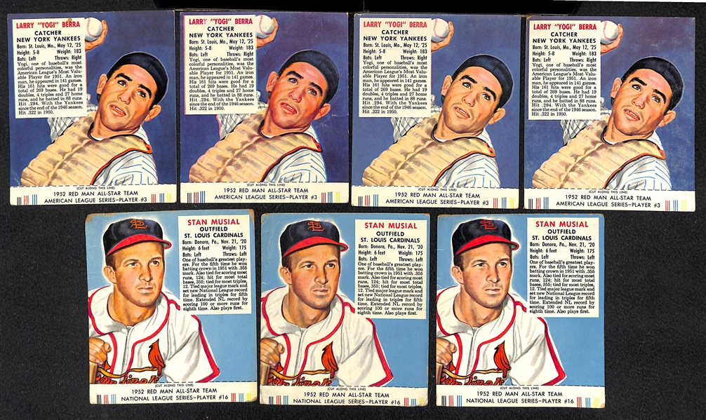 Lot of (7) 1952 Red Man with Tabs - (4) Yogi Berra & (3) Stan Musial