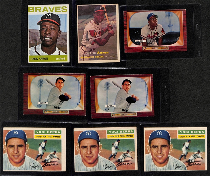 Lot of (3) Vintage Hank Aaron Cards & (5) Vintage Yogi Berra Cards w. 1955 Bowman Hank Aaron