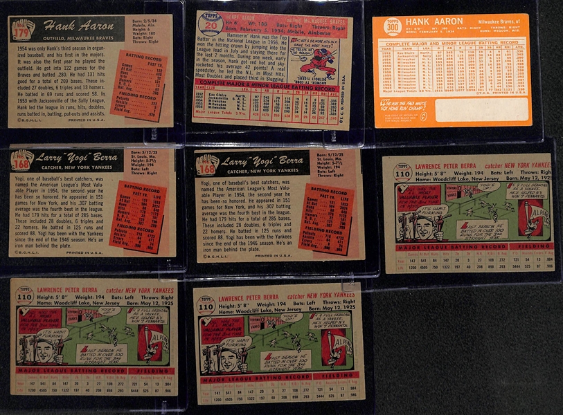 Lot of (3) Vintage Hank Aaron Cards & (5) Vintage Yogi Berra Cards w. 1955 Bowman Hank Aaron
