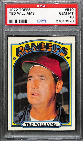 GEM MINT 1972 Topps Ted Williams  #510 Graded PSA 10! Pop 3!
