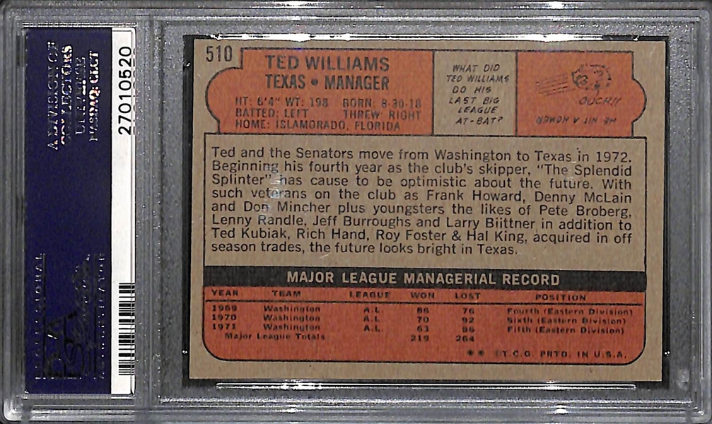 GEM MINT 1972 Topps Ted Williams  #510 Graded PSA 10! Pop 3!