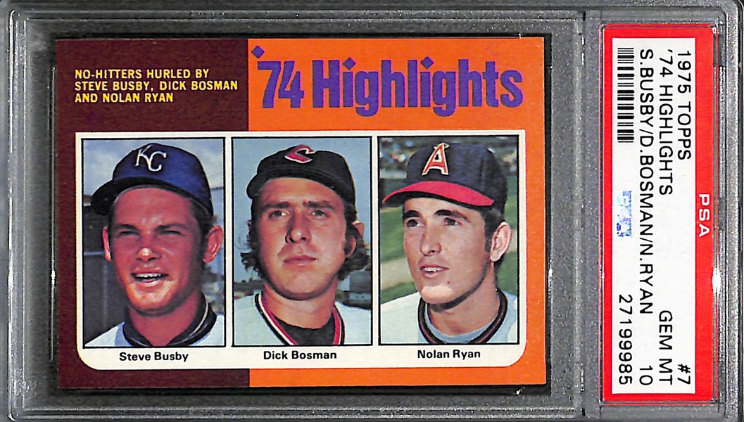 GEM MINT 1975 Topps Highlights w. Nolan Ryan, Busby, Bosman #7 Graded PSA 10! Pop 7!
