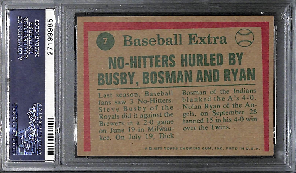 GEM MINT 1975 Topps Highlights w. Nolan Ryan, Busby, Bosman #7 Graded PSA 10! Pop 7!