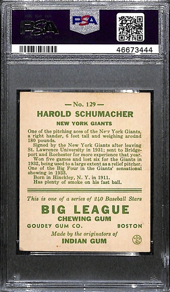 1933 Goudey Hal Schumacher #129 PSA 2 (Autograph Grade 6) - One of Only 6 Graded Examples - d. 1993 