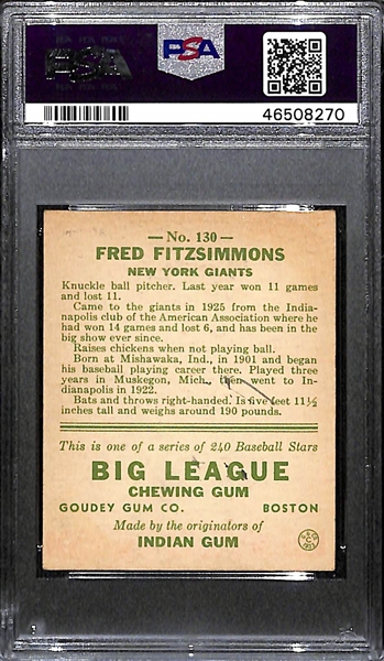 1933 Goudey Fred Fitzsimmons #130 PSA 2 MK (Autograph Grade 7) - One of Only 15 PSA Graded Examples - d. 1979