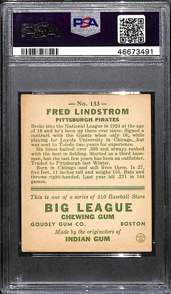 1933 Goudey Freddie Lindstrom (HOF) #133 PSA Authentic (Autograph Grade 9) - 14 PSA Graded Examples (Only 5 Graded Higher), d. 1981