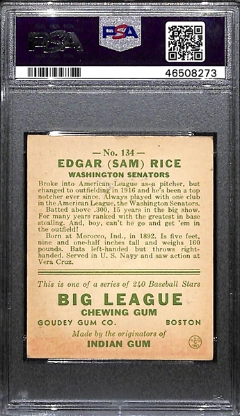 1933 Goudey Sam Rice (HOF) #134 PSA 4 (Autograph Grade 9) - Pop 1 (None Graded Higher - Only 10 PSA Graded Examples), d. 1974