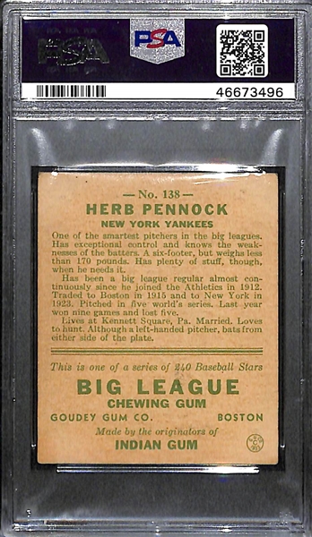 1933 Goudey Herb Pennock (HOF) #138 PSA 4 (Autograph Grade 7) - Highest Grade w/o Qualifiers (Only 4 PSA Graded Examples Exist!), d. 1948