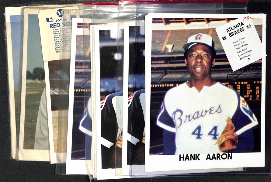 Lot of (9) Baseball Team Issued Photo Packs (2 Yaz, 5 Aaron) w. 1969 Red Sox, 1973 Red Sox, (2) 1972 Braves, (3) 1973 Braves, 1969 Tigers, 1969 Twins  