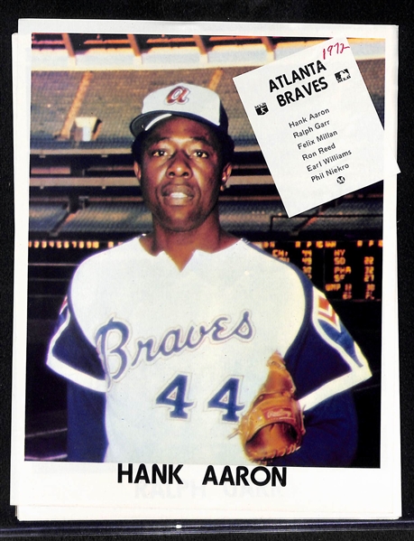 Lot of (9) Baseball Team Issued Photo Packs (2 Yaz, 5 Aaron) w. 1969 Red Sox, 1973 Red Sox, (2) 1972 Braves, (3) 1973 Braves, 1969 Tigers, 1969 Twins  