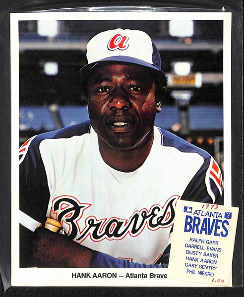 Lot of (9) Baseball Team Issued Photo Packs (2 Yaz, 5 Aaron) w. 1969 Red Sox, 1973 Red Sox, (2) 1972 Braves, (3) 1973 Braves, 1969 Tigers, 1969 Twins  