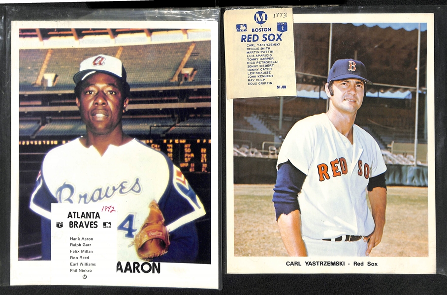 Lot of (9) Baseball Team Issued Photo Packs (2 Yaz, 5 Aaron) w. 1969 Red Sox, 1973 Red Sox, (2) 1972 Braves, (3) 1973 Braves, 1969 Tigers, 1969 Twins  