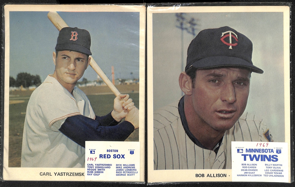 Lot of (9) Baseball Team Issued Photo Packs (2 Yaz, 5 Aaron) w. 1969 Red Sox, 1973 Red Sox, (2) 1972 Braves, (3) 1973 Braves, 1969 Tigers, 1969 Twins  