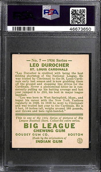 1934 Goudey Leo Durocher #7 PSA 6.5 (Autograph Grade 8) - Pop 1 - Highest Grade of Only 11 PSA Examples - (d. 1919)