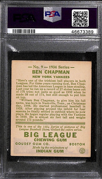 1934 Goudey Ben Chapman #9 PSA 3 (Autograph Grade 6) - Only 3 PSA/DNA Exist w. Only 2 Graded Higher! (d. 1993)