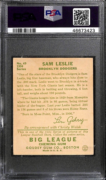 1934 Goudey Sam Leslie #49 PSA 4.5 (Autograph Grade 7) - Pop 1 - Highest Grade of Only 4 PSA Examples - (d. 1979)