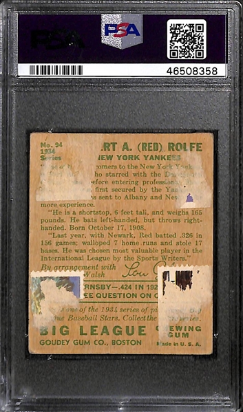 1934 Goudey Red Rolfe #94 PSA Authentic (Autograph Grade 9) - One of Only 3 PSA Graded Examples - (d. 1969)