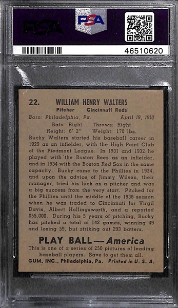1939 Play Ball Bucky Walters #22 PSA 4 (Autograph Grade 10) - Only 6 PSA/DNA Exist w. Only 2 Graded Higher! (d. 1991)