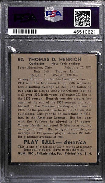 1939 Play Ball Tommy Henrich #52 PSA 4 (Autograph Grade 9) - Only 5 PSA/DNA Exist w. Only 1 Graded Higher! (d. 2009)