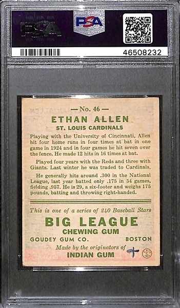 1933 Goudey Ethan Allen #46 PSA 2 MK (Autograph Grade 5) - Only 13 PSA/DNA Exist w. Only 1 Graded Higher! (d. 1993)