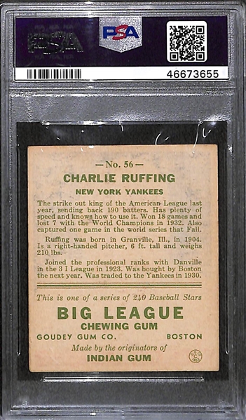 1933 Goudey Charlie Red Ruffing #56 PSA 4 (Autograph Grade 7) - Only 18 PSA/DNA Exist w. Only 1 Graded Higher! (d. 1986)