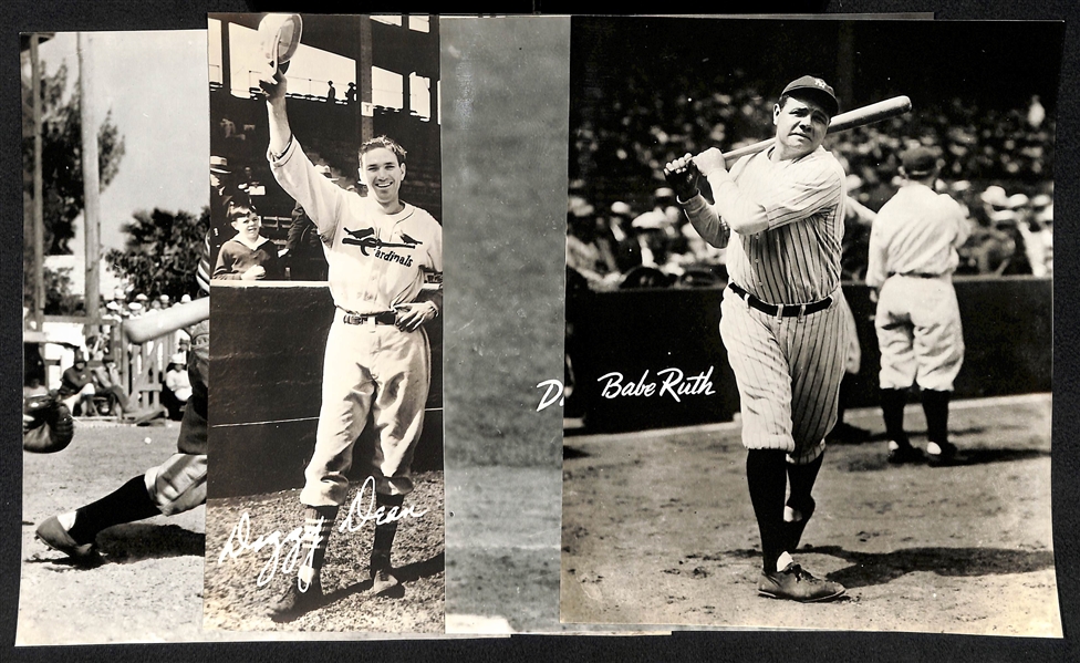 Lot of (4) Trimmed Souvenir Photos (Facsimile Signatures in White) - Babe Ruth, Joe DiMaggio, Lou Gehrig, Dizzy & Daffy Dean (Trimmed to Approx. 7.25 x  9.25)