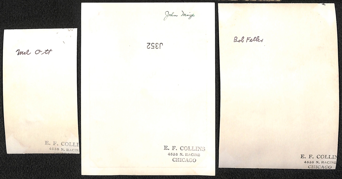 Lot of (3) Vintage EF Collins Stamped Baseball Photographs - Mel Ott, Johnny Mize, Bob Feller