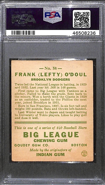 1933 Goudey Lefty O'Doul #58 PSA 3 (Autograph Grade 8) - Pop 2 - Highest Grade of Only 9 PSA Examples - (d.1969) 