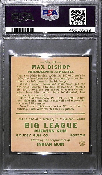 1933 Goudey Max Bishop #61 PSA 4 (Autograph Grade 8) - Pop 1 - Highest Grade of Only 4 PSA Examples - (d. 1962)