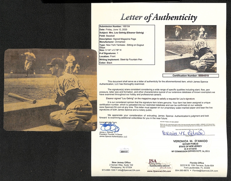 Eleanor Gehrig Penned Lou Gehrig Newspaper Clip (JSA LOA Indicates Mrs. Gehrig Signed Lou's Name)