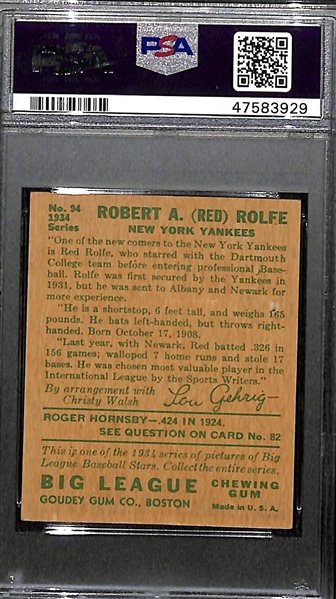 1934 Goudey Red Rolfe (HOF) High Number Card #94 Graded PSA 1