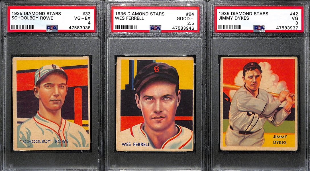 1935 Diamond Stars 3-Card Graded Lot: Schoolboy Rowe PSA 4, Wes Ferrell PSA 2.5, Jimmy Dykes PSA 3