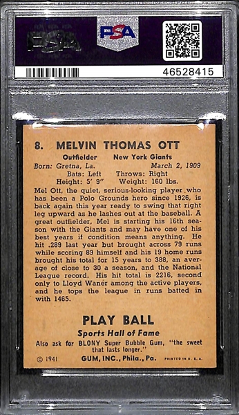 1941 Play Ball Mel Ott #8 Graded PSA 5