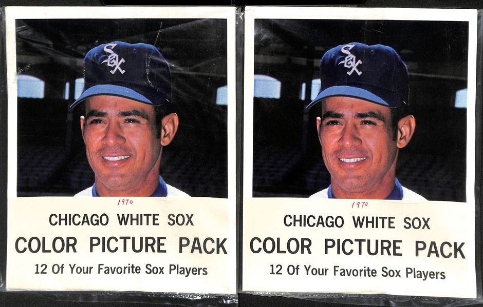 Lot of (12) Baseball Team Issued Photo Packs (Banks, Ford, +) w. (2) 1969 Cubs, 1973 Yankees, 1972 Yankees, (3) 1972 Mets, 1971 White Sox, (4) 1970 White Sox