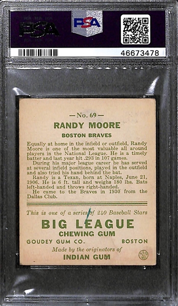 1933 Goudey Randy Moore #69 PSA 4 MK (Autograph Grade 8) - Pop 1 - Highest Grade of Only 7 PSA Examples - (d. 1992)