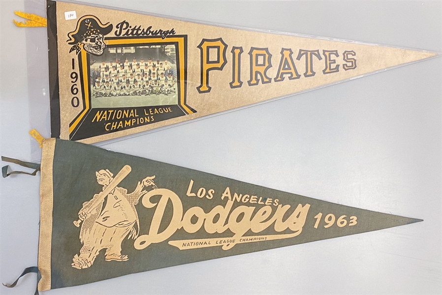 Lot of (19) Baseball & Football Pennants circa 1960-1980 w. 1960 Pittsburgh Pirates NL Champions Pennant