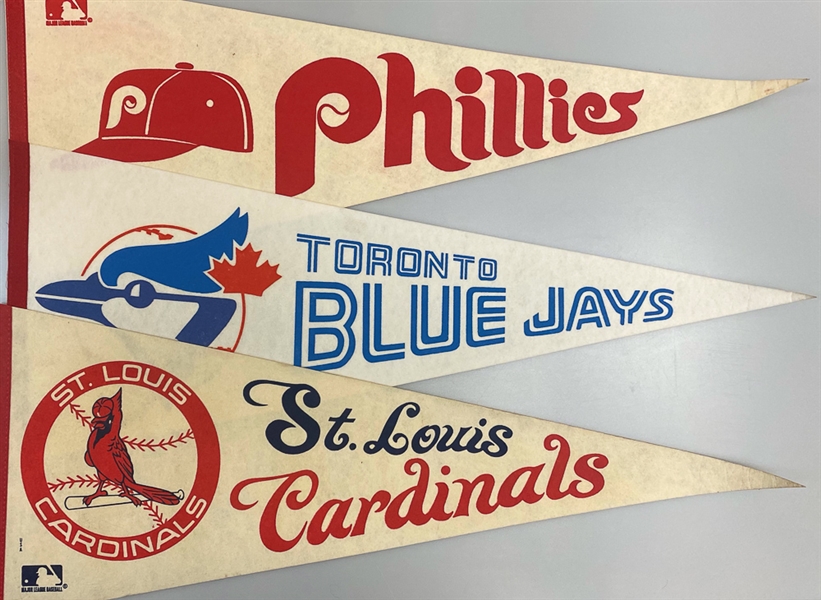Lot of (19) Baseball & Football Pennants circa 1960-1980 w. 1960 Pittsburgh Pirates NL Champions Pennant