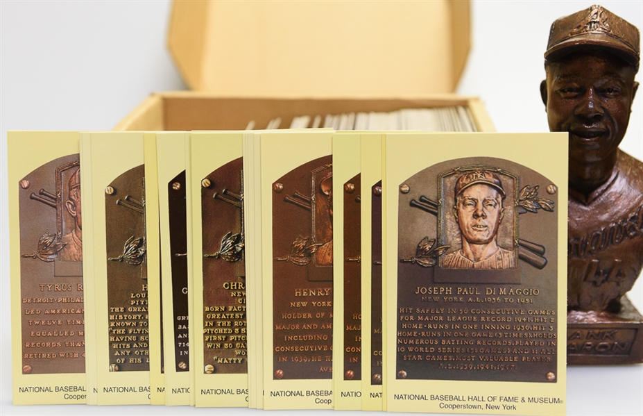 Lot of 235 Yellow HOF Plaque Cards and 1974 Genesis Productions Hank Aaron Bust in Original Box