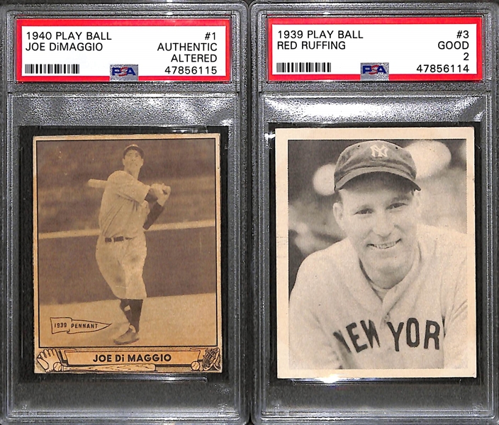 1940 Play Ball Joe DiMaggio PSA Graded Authentic (Altered/Trimmed) and 1939 Play Ball Red Ruffing Graded PSA 2