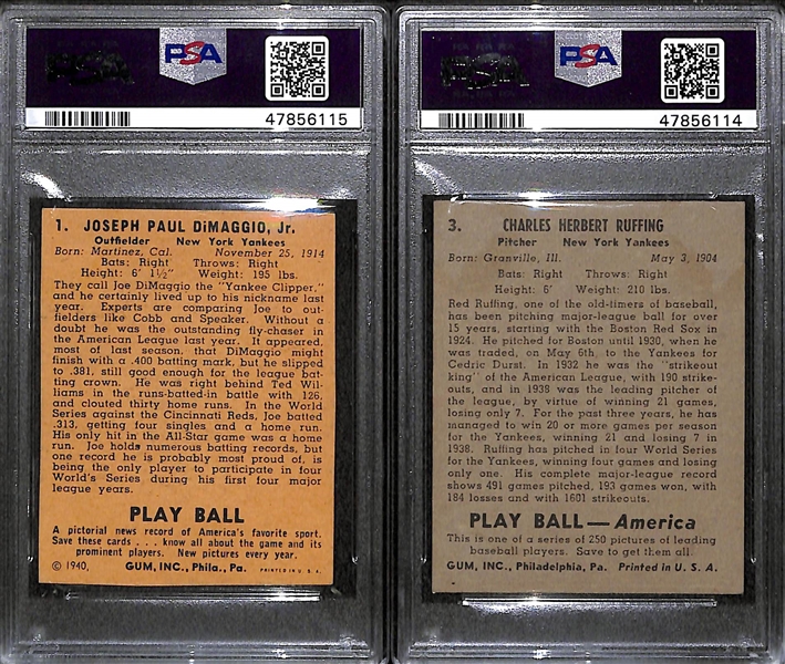 1940 Play Ball Joe DiMaggio PSA Graded Authentic (Altered/Trimmed) and 1939 Play Ball Red Ruffing Graded PSA 2