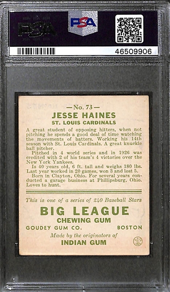 1933 Goudey Jesse Haines #73 PSA 2.5 Good+ (Autograph Grade 10) - One of Only 11 Graded Examples (d. 1978)