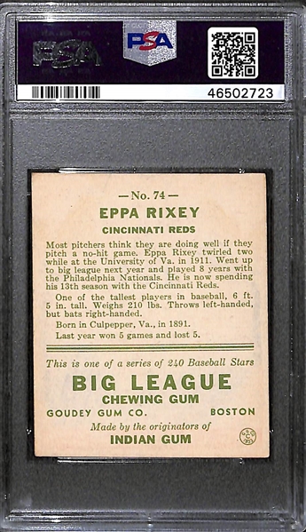 1933 Goudy Eppa Rixey #74 PSA 5 (Autograph Grade 8) - Pop 1 - Highest Grade of Only 3 PSA Examples - (d. 1963)