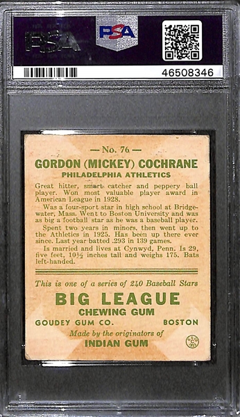 1933 Goudey Mickey Cochrane #76 PSA 1.5 (Autograph Grade 8) - Only 9 PSA/DNA Exist w. Only 2 Graded Higher! (d. 1962) 