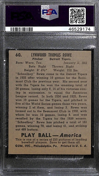 1939 Play Ball Schoolboy Rowe #60 PSA 6