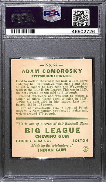 1933 Goudey Adam Comorosky #77 PSA 5 (Autograph Grade 8) - Pop 1 - Highest Grade of Only 8 PSA Examples - (d. 1951)