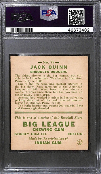1933 Goudey Jack Quinn #78 PSA 5 (Autograph Grade 9) - Pop 1 - Highest Grade of Only 4 PSA Examples - (d. 1946)