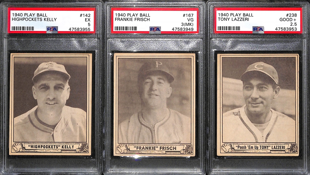 Lot of 3 - 1940 Play Ball Highpockets Kelly PSA 5, Frankie Frischg PSA 3 MK & Tony Lazzeri PSA 2.5